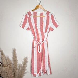 Marine Layer | Linen Blend Frances True Wrap Dress, Red/White Striped